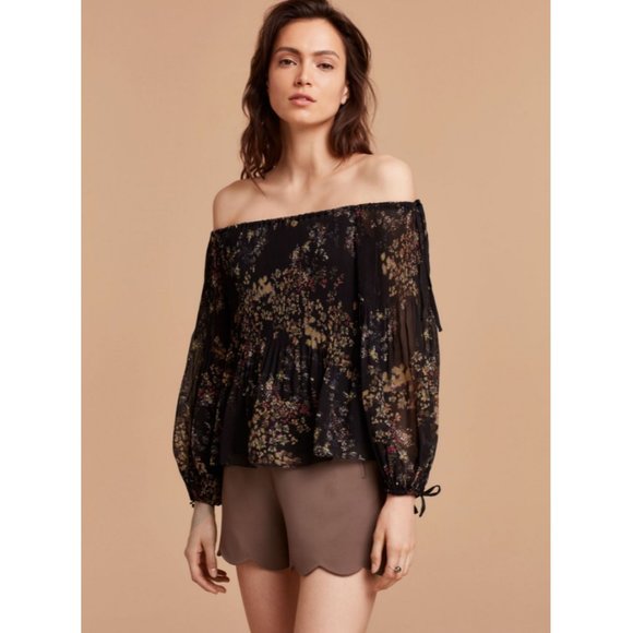 Aritzia Wilfred Talence Silky Chiffon Micro Pleated Floral Peasant Sleeve Blouse - Picture 11 of 11